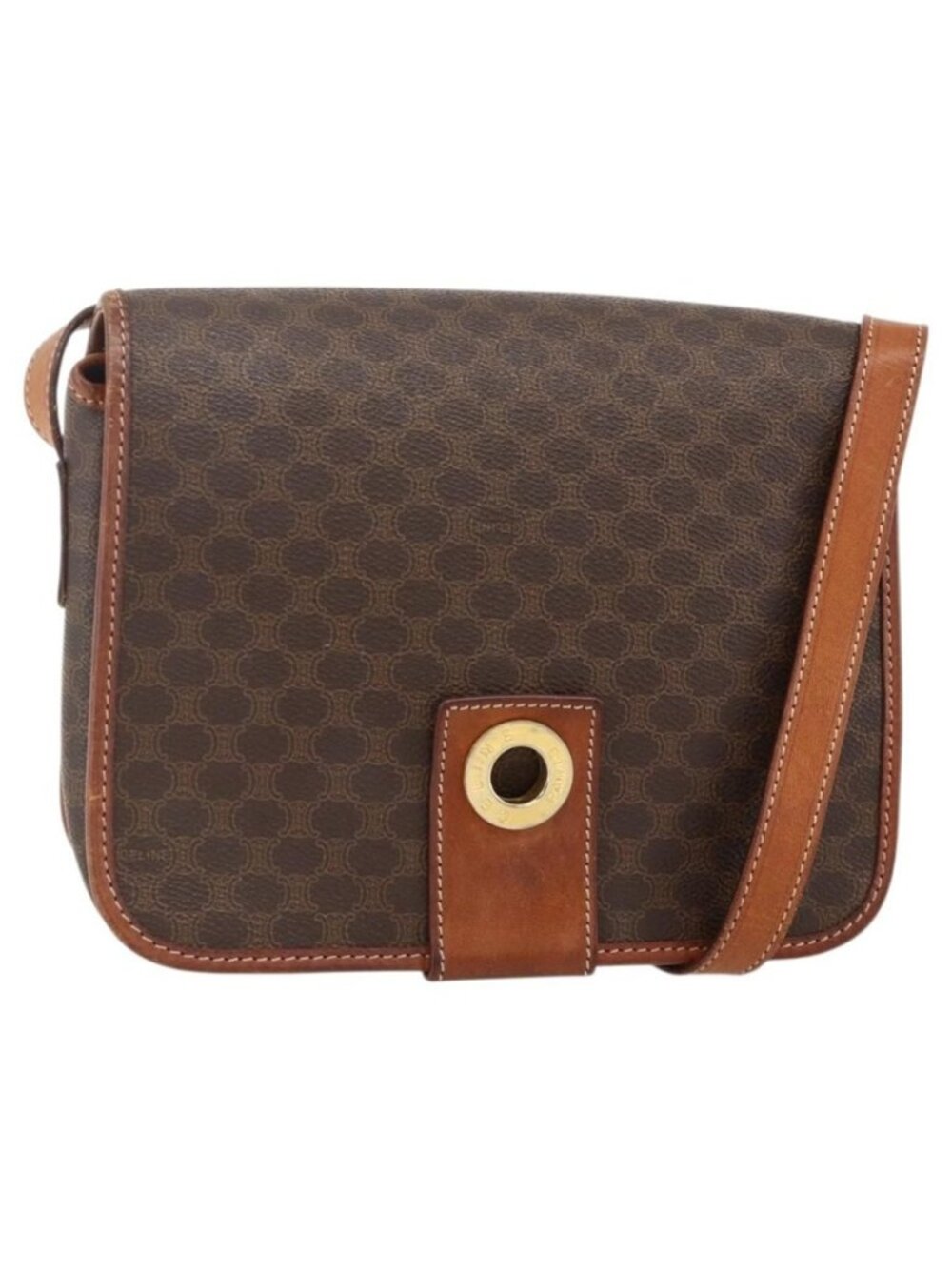 Authentic CELINE Macadam Canvas Circle Shoulder Bag PVC Leather Brown Gold